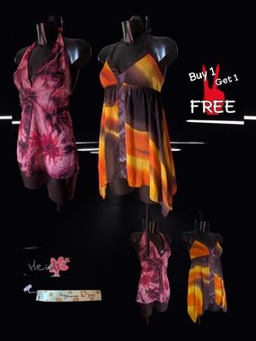 VTG Y2K Halter Top Bundle | Heidi Floral Pink & Young & Joy Sunset Tie Dye Asymm